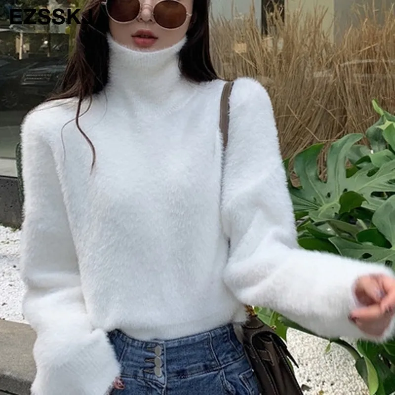 2020 Autumn Winter Oversize Turtlenect Thick Wool Cashmere Sweater Pullovers Women Long Sleeve Femal