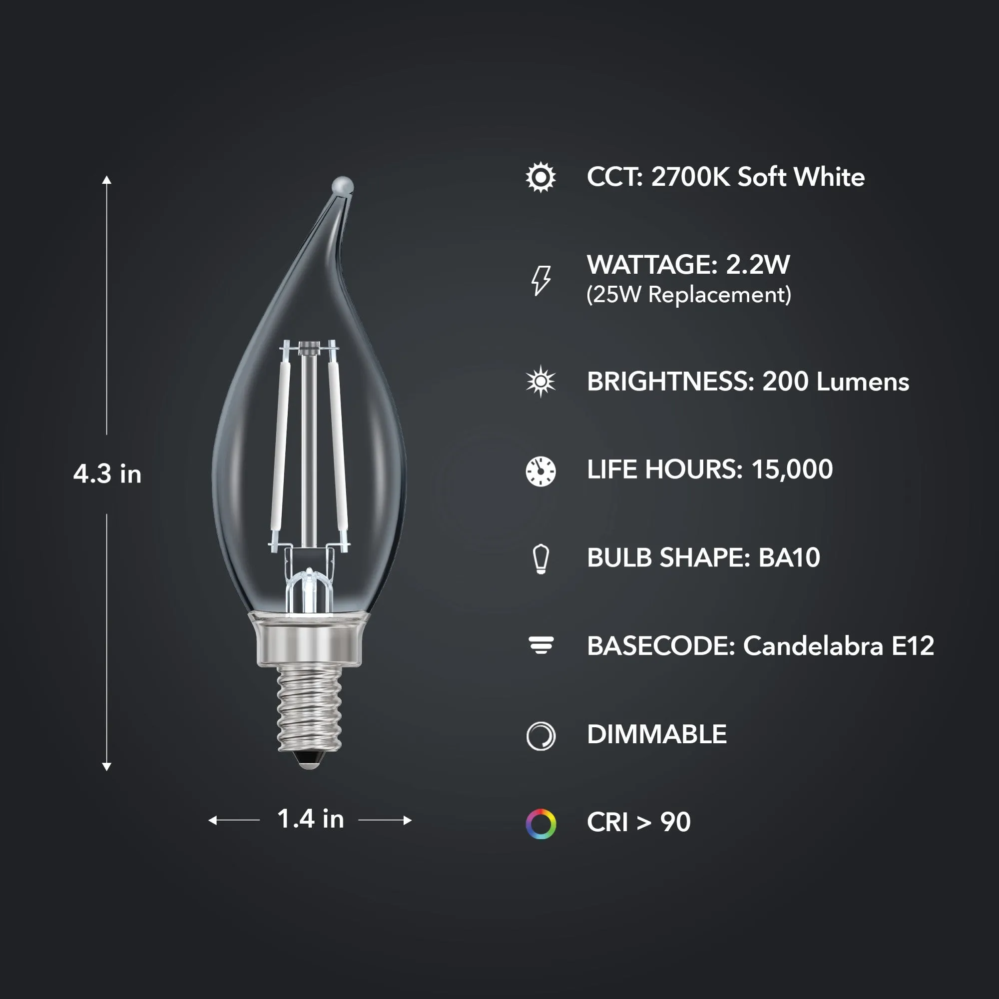 2.2W (25W Replacement) Soft White (2700K) Flame Tip BA10 (E12 Base) Exposed White Filament LED Bulb (3-Pack)