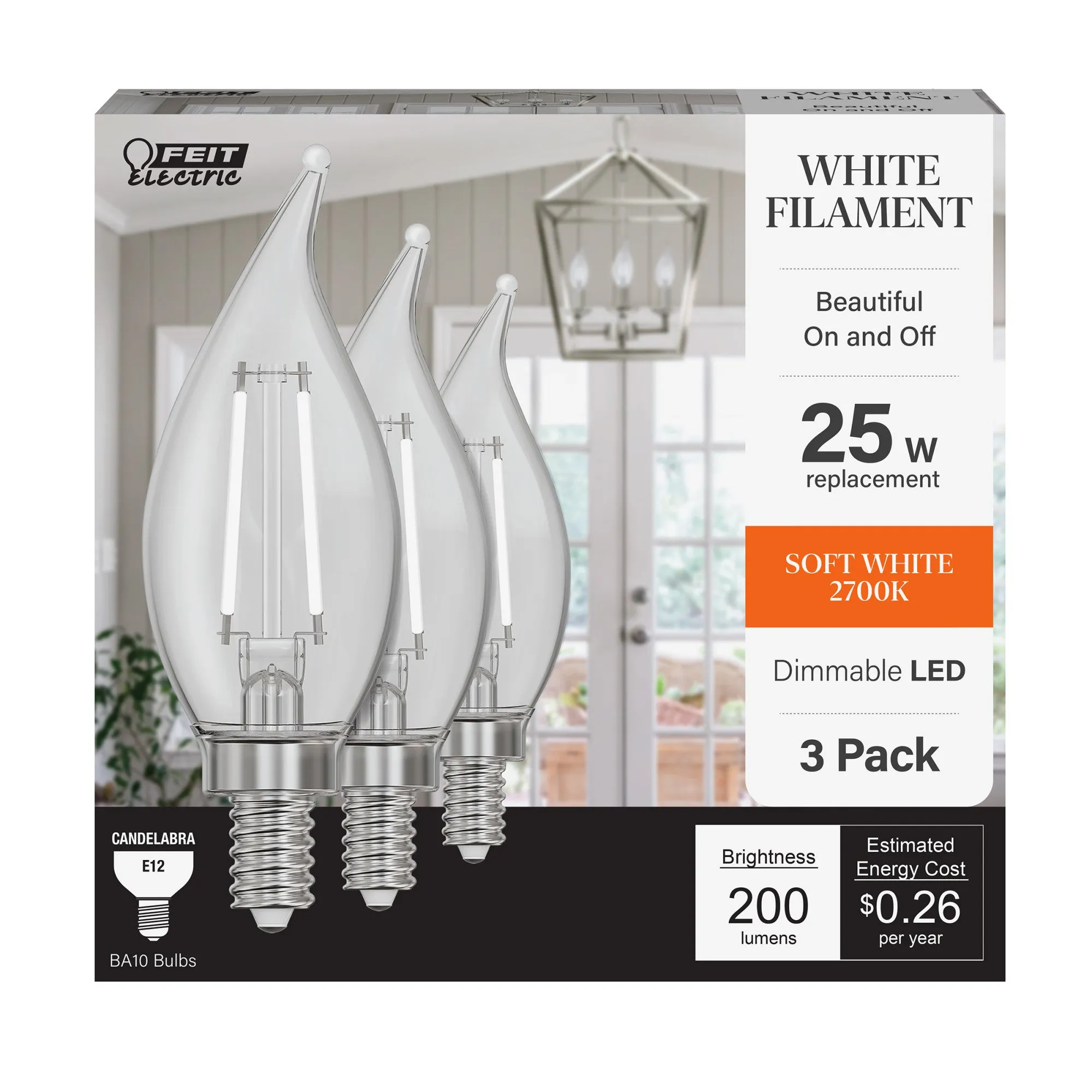 2.2W (25W Replacement) Soft White (2700K) Flame Tip BA10 (E12 Base) Exposed White Filament LED Bulb (3-Pack)