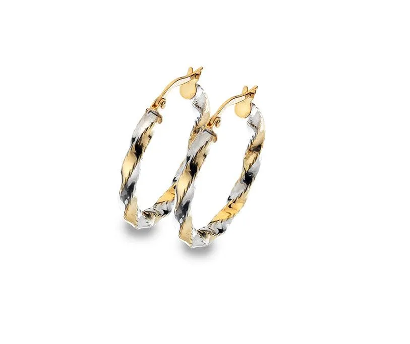 9ct Yellow and White Diamond Cut Hoop Earrings