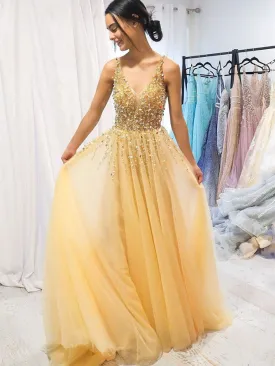 A Line V Neck Beaded Sequins Golden Long Prom Dresses, V Neck Beaded Golden Formal Dresses, Golden Evening Dresses