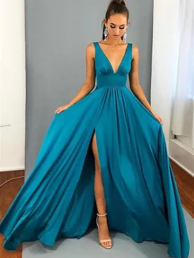 A Line V Neck Blue Long Prom Dresses with Leg Slit, V Neck Blue Graduation Dresses, Blue Bridesmaid Dresses