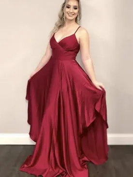 A Line V Neck Burgundy Long Prom Dresses, V Neck Burgundy Formal Graduation Evening Dresses