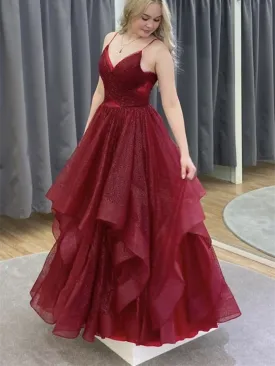 A Line V Neck Burgundy Tulle Long Prom Dresses, A Line V Neck Burgundy Tulle Long Formal Evening Dresses