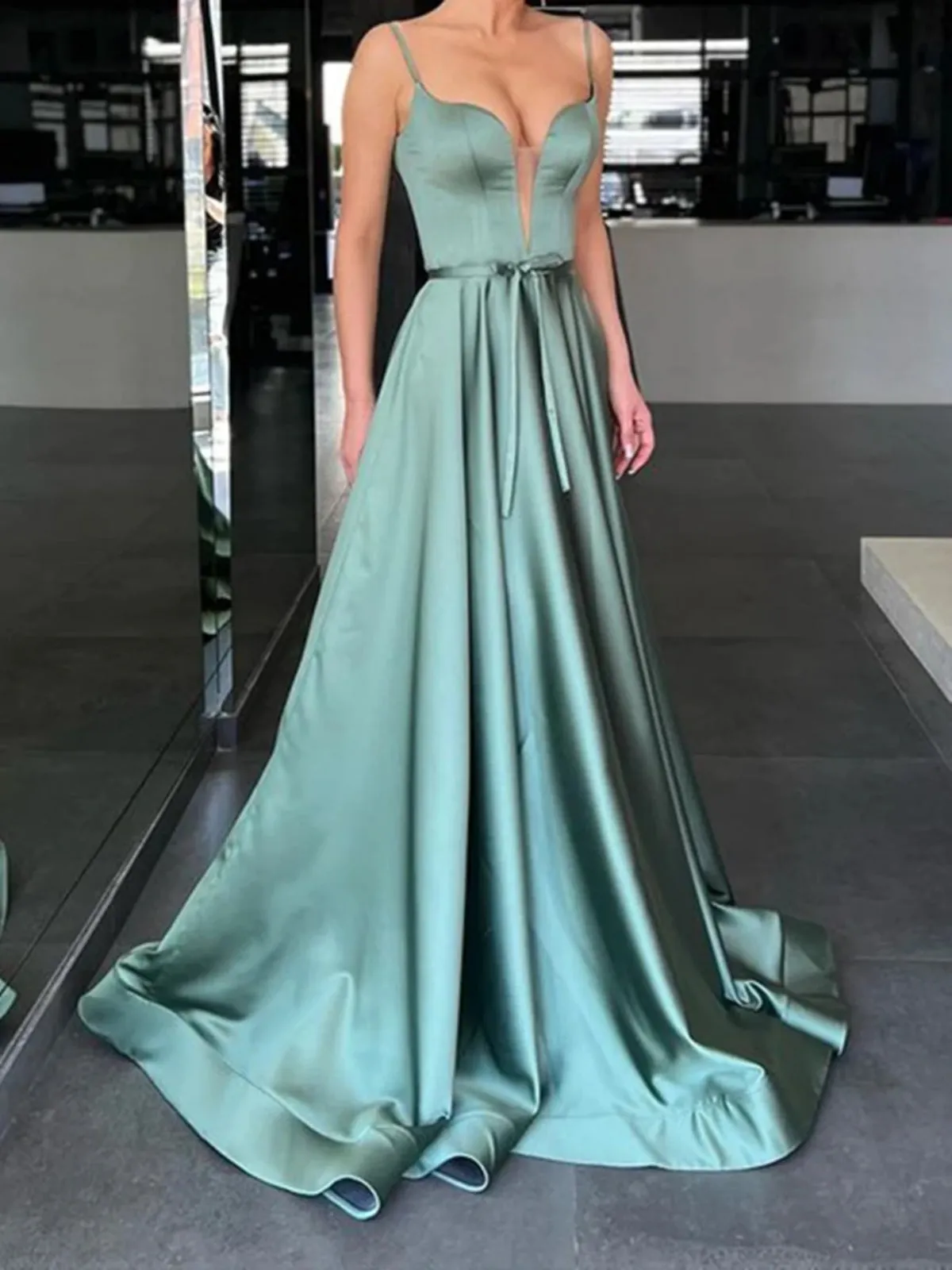 A Line V Neck Green Satin Long Prom Dresses, V Neck Green Formal Graduation Evening Dresses SP2483