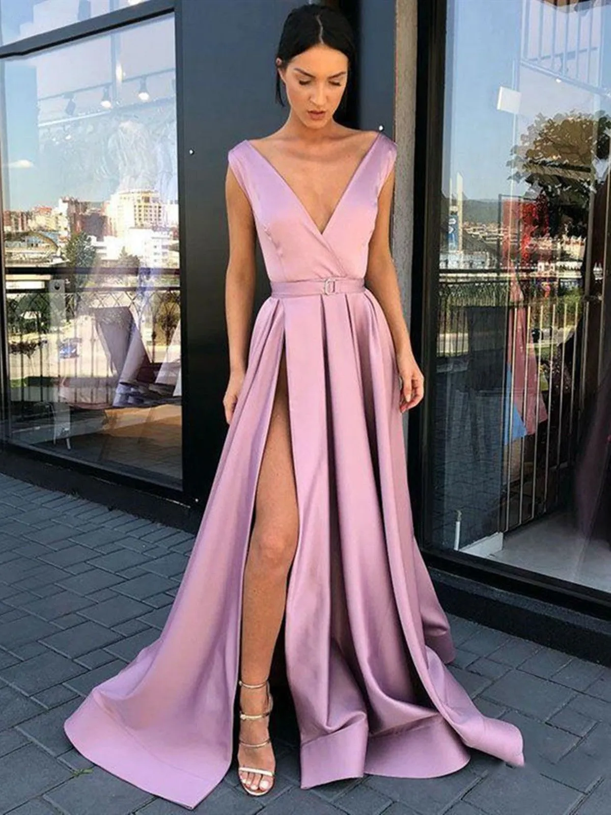 A Line V Neck Light Purple High Slit Prom Dresses, V Neck Light Purple Formal Dresses, Light Purple High Slit  Graduation Evening Dresses