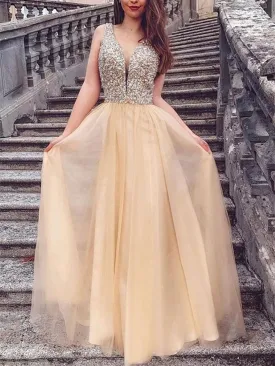 A Line V Neck Sequins Champagne Long Tulle  Prom Dresses, Champagne Tulle Formal  Evening Graduation Dresses