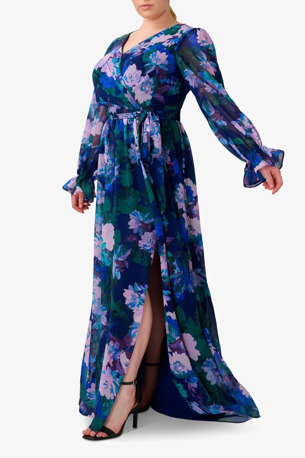 Adrianna Papell AP1E210216 W Long Sleeves Side Slit Long Floral Dress