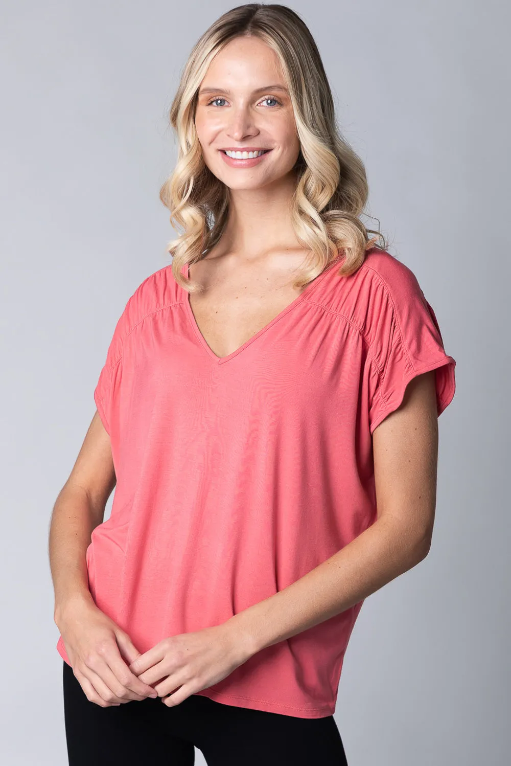 Alicia Bamboo V-Neck Top - Coral