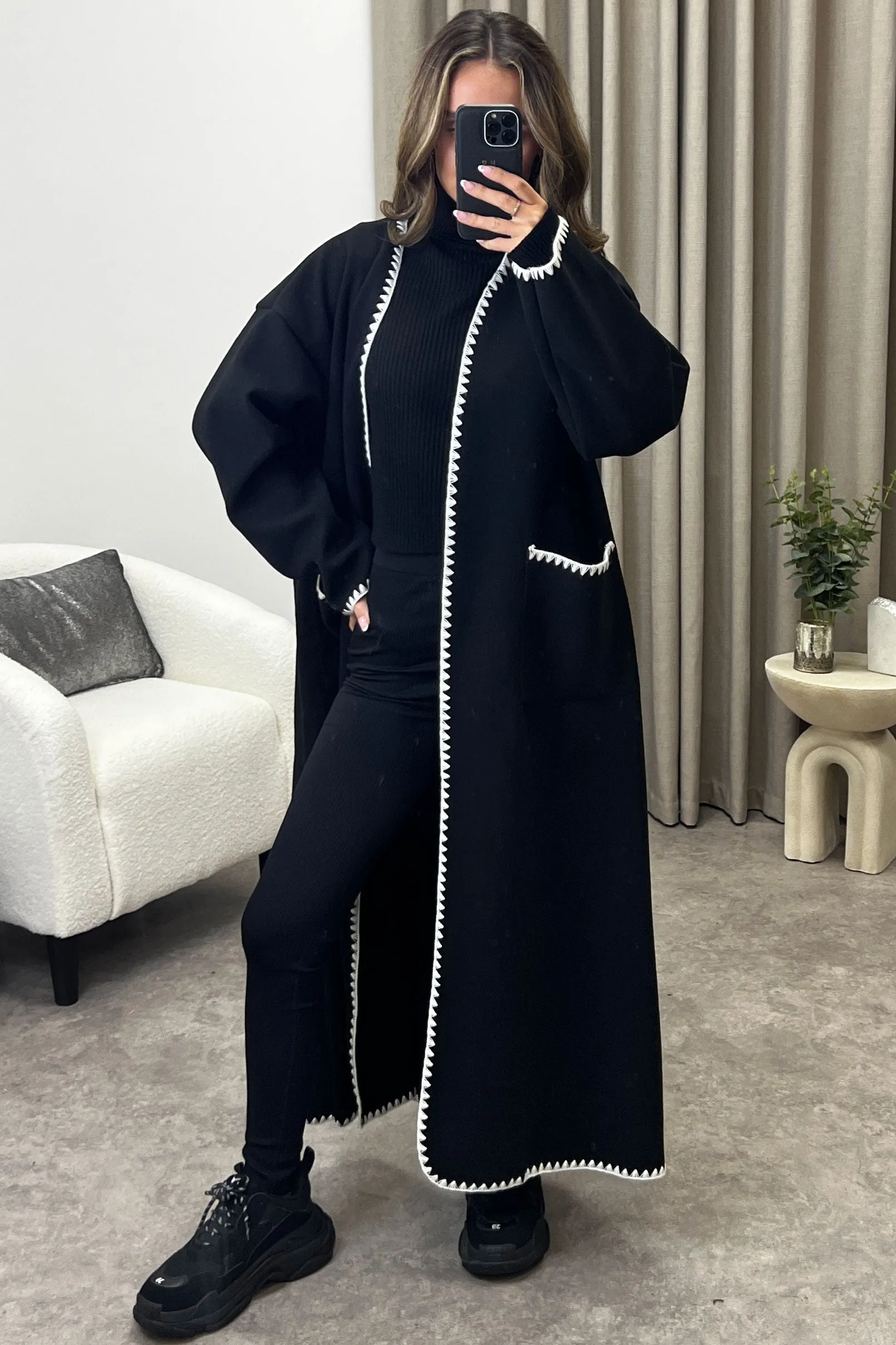 Angie Black Wool Look Contrasting Trim Longline Cardigan