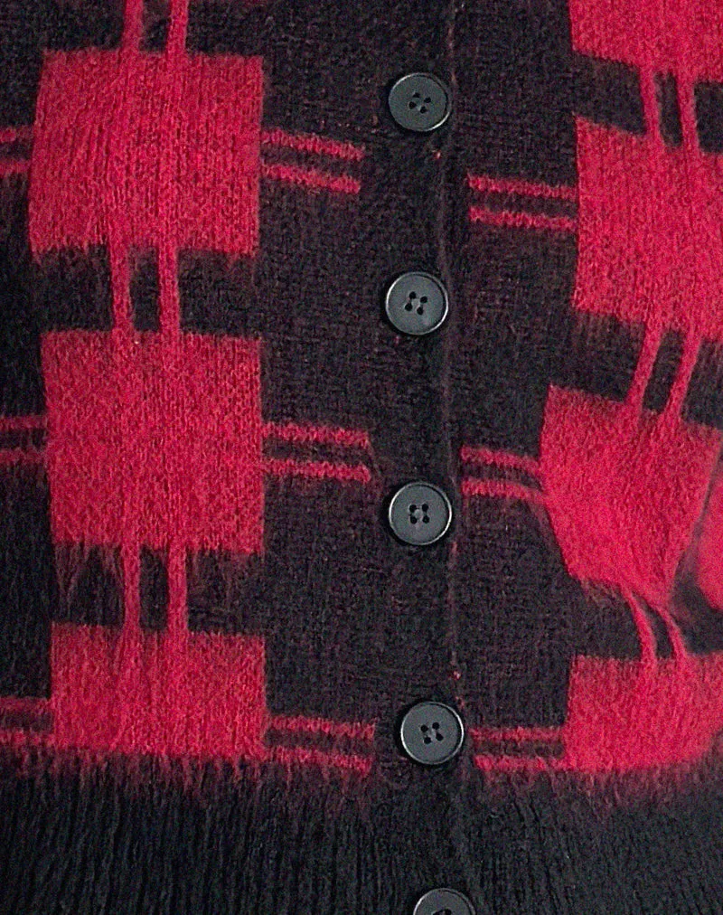 Anzio Cardigan in Black and Red Check Knit