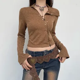 Asymmetrical Skinny Autumn T shirt Female Clothing Zipper Rivet Vintage Crop Top Jacket Fashion Chic Shirts Outwear