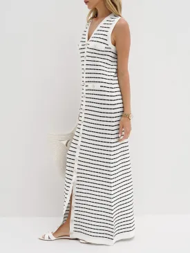 Ava Knitted Stripe Button Dress | White/Navy