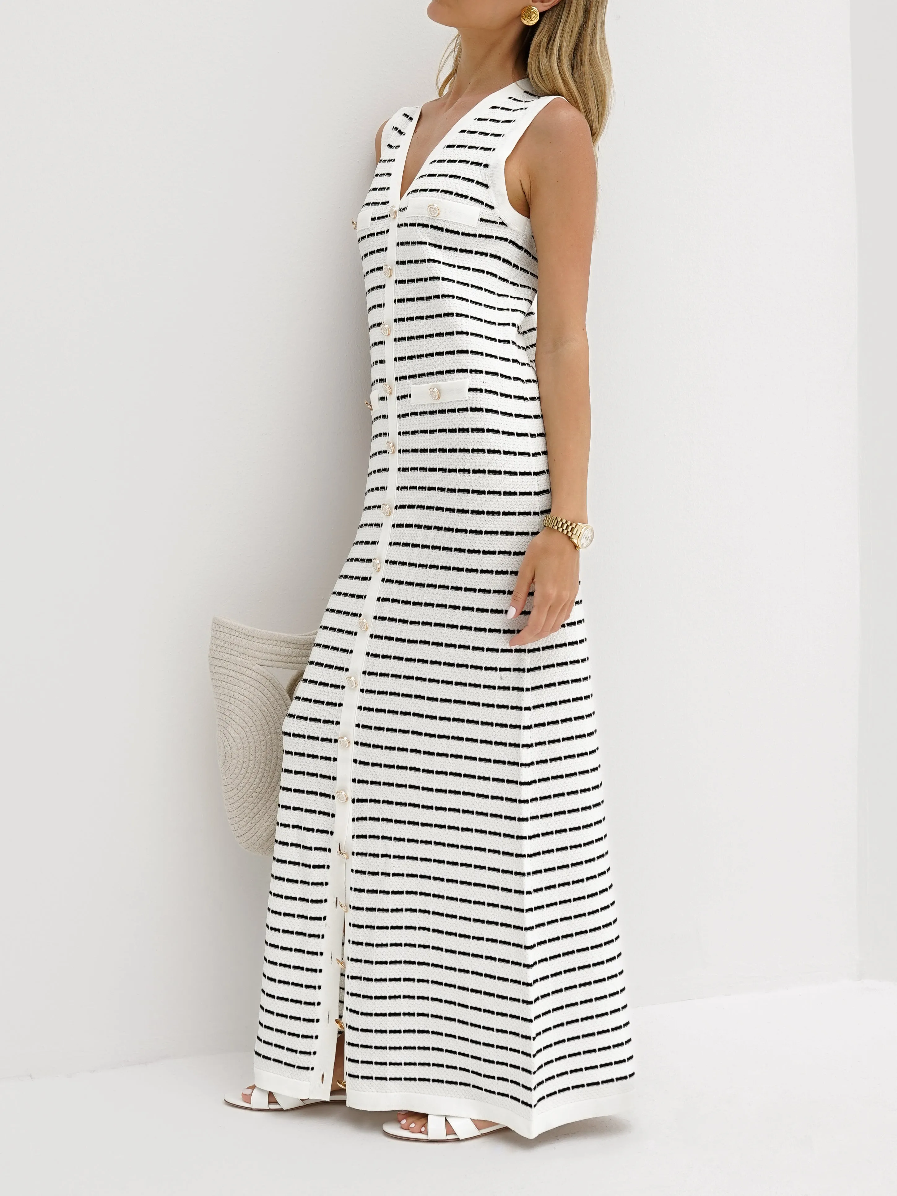 Ava Knitted Stripe Button Dress | White/Navy