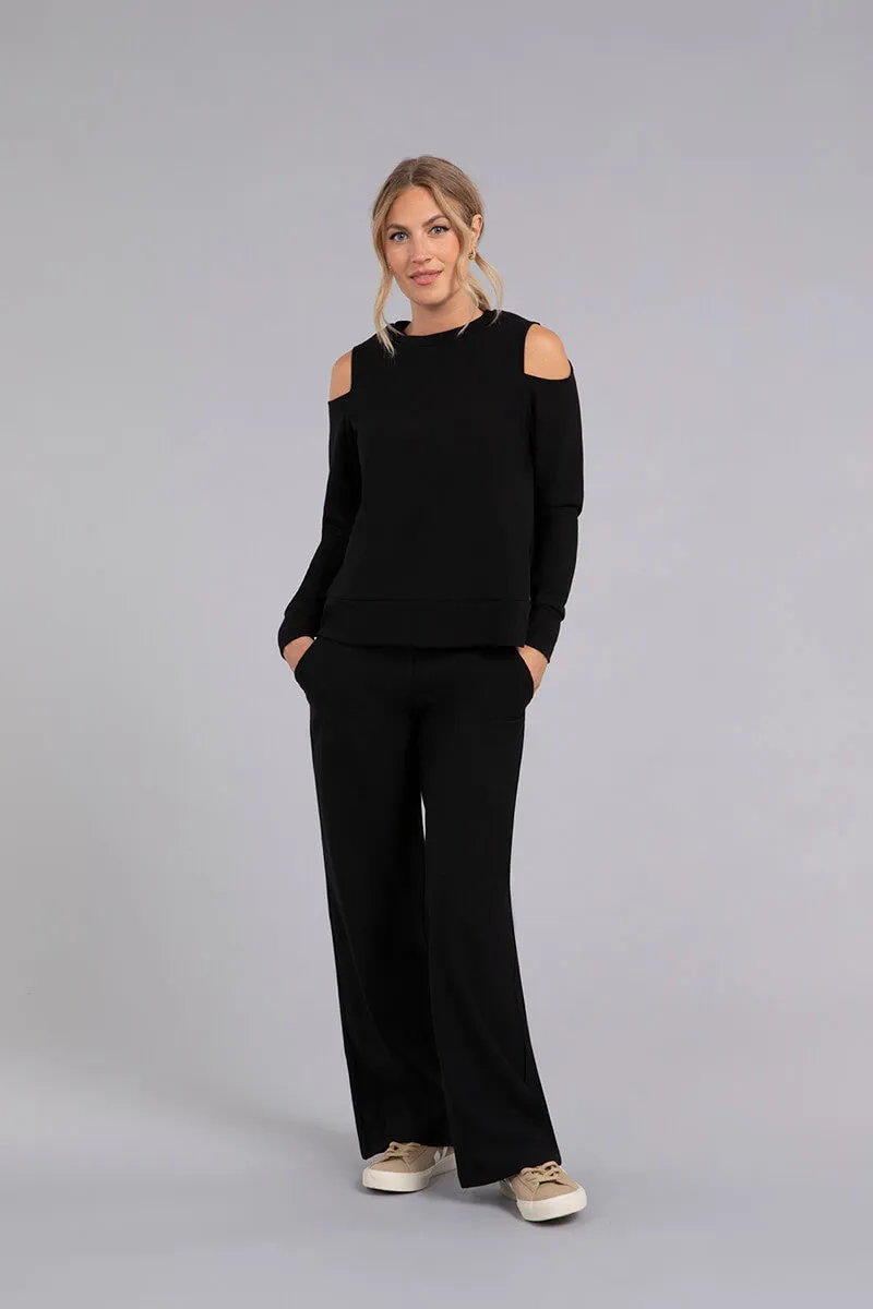 Bamboo Fleece Cut Out Shoulder Top | Black