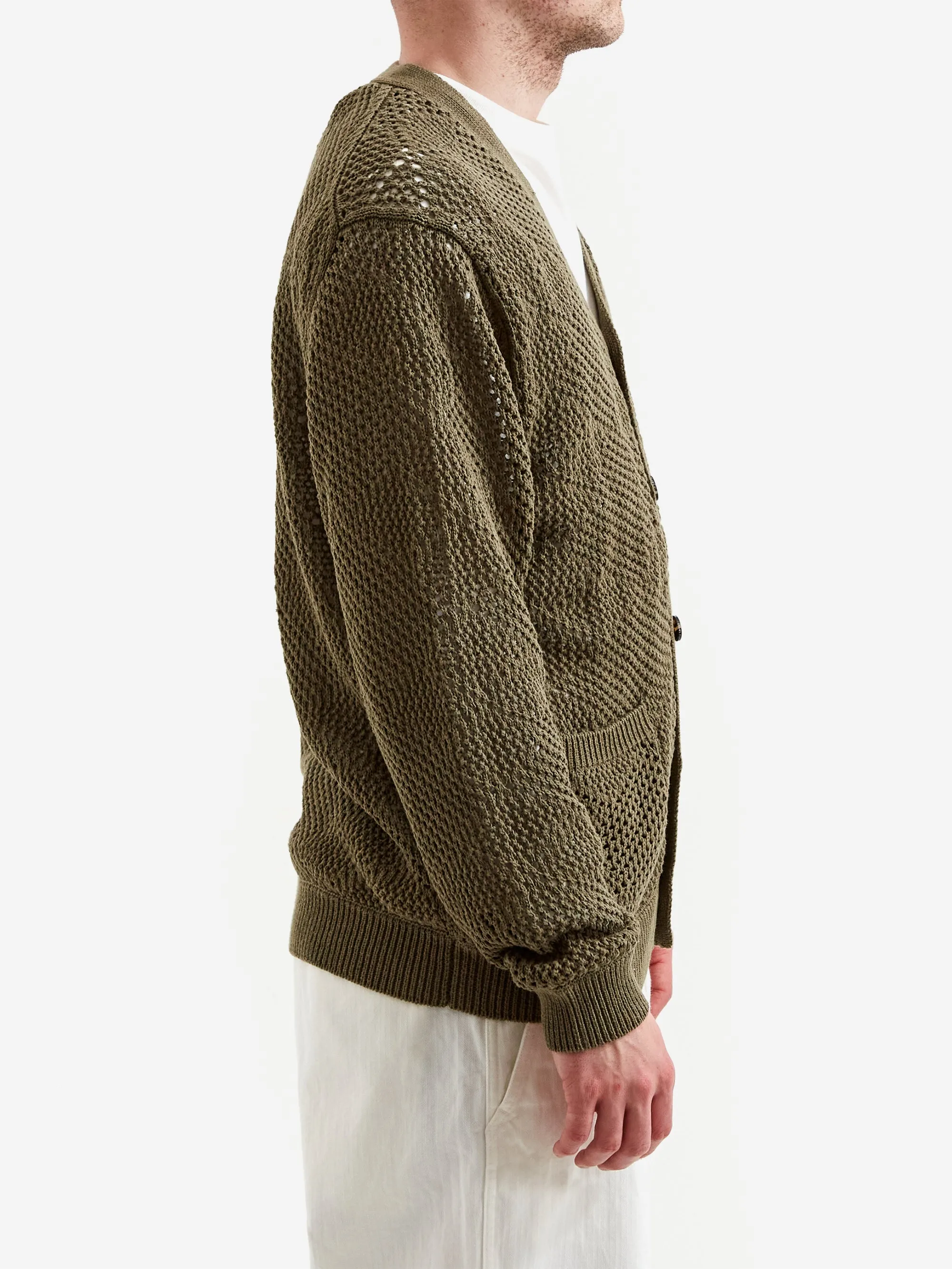 Beams Plus Olive Argyle Mesh Cardigan - Stylish Knitwear for Men