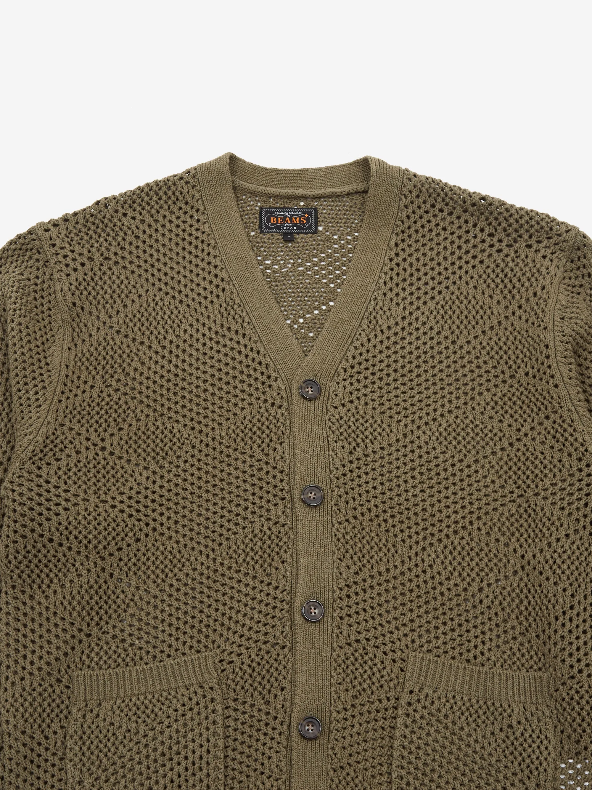 Beams Plus Olive Argyle Mesh Cardigan - Stylish Knitwear for Men