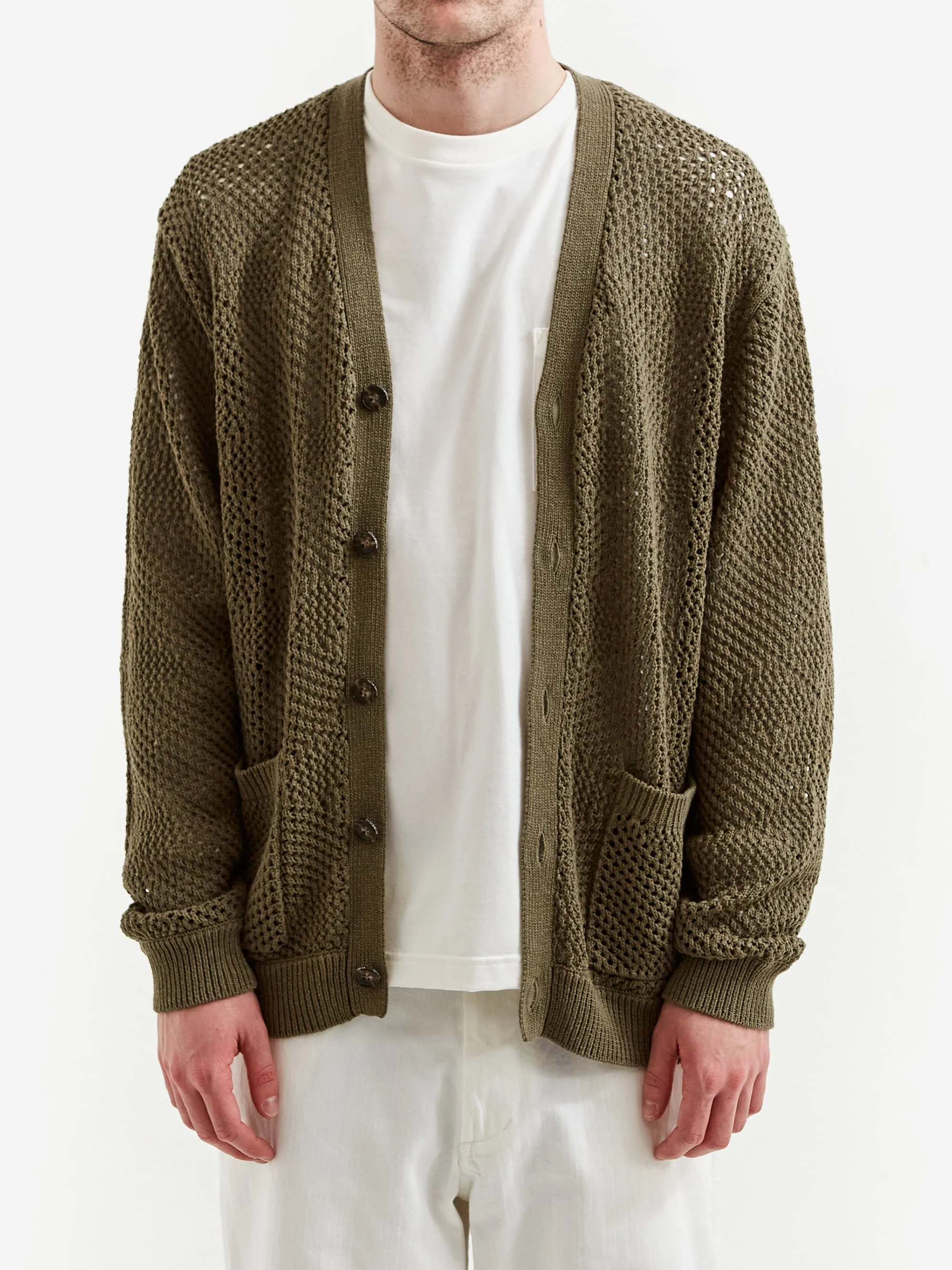 Beams Plus Olive Argyle Mesh Cardigan - Stylish Knitwear for Men