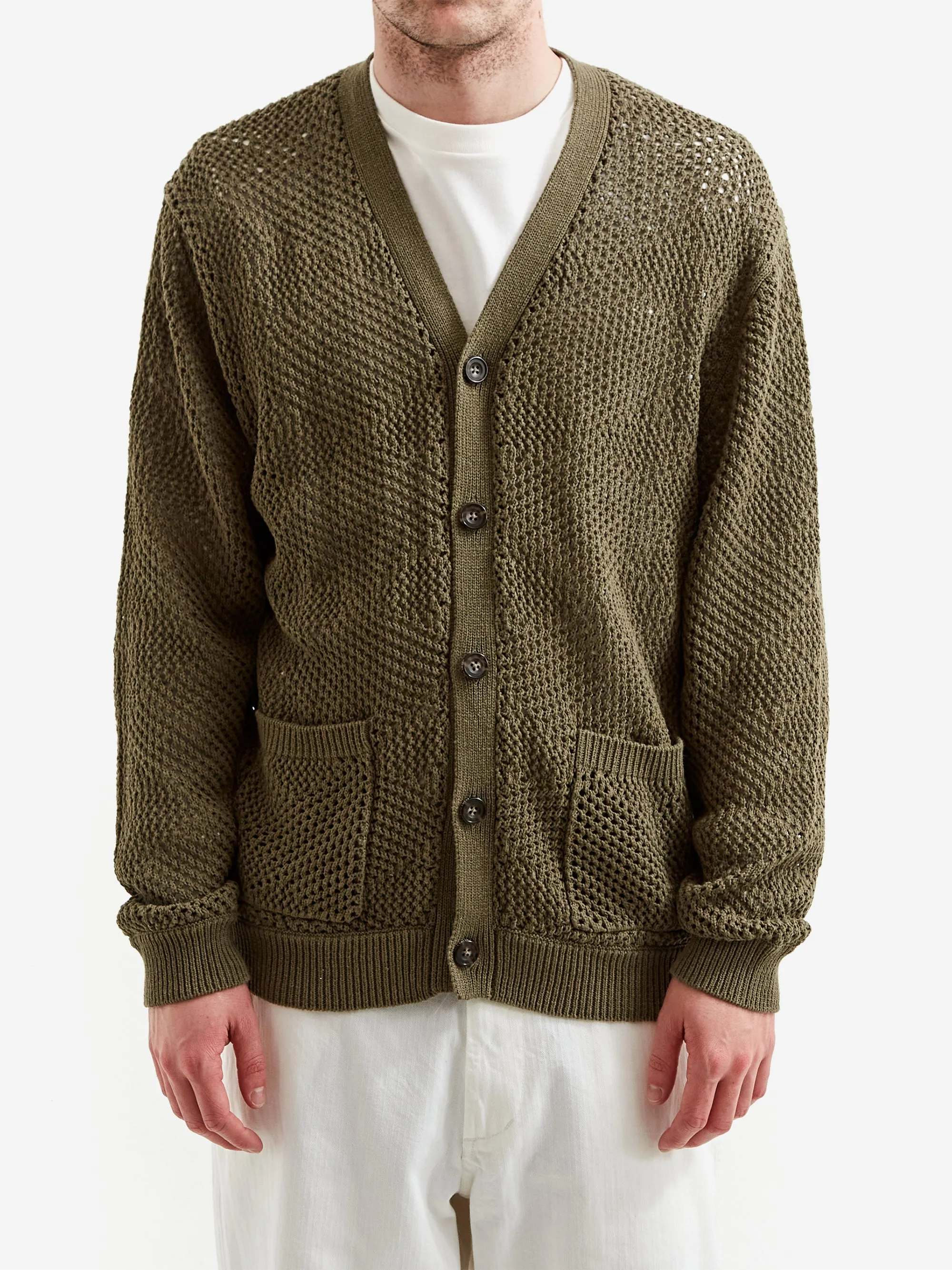 Beams Plus Olive Argyle Mesh Cardigan - Stylish Knitwear for Men