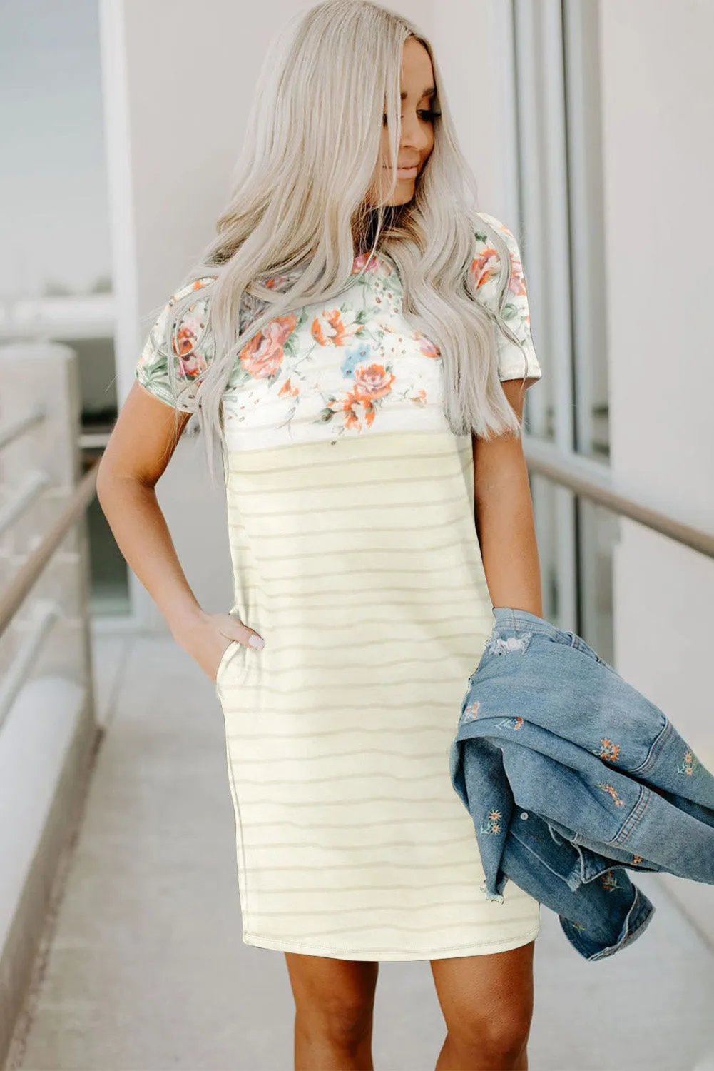 Beige Floral Print Striped T-Shirt Dress