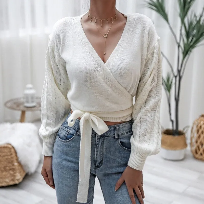 BerriesJam - 2024 V Neck Solid Color Twist Lantern Long Sleeve Knit Sweater