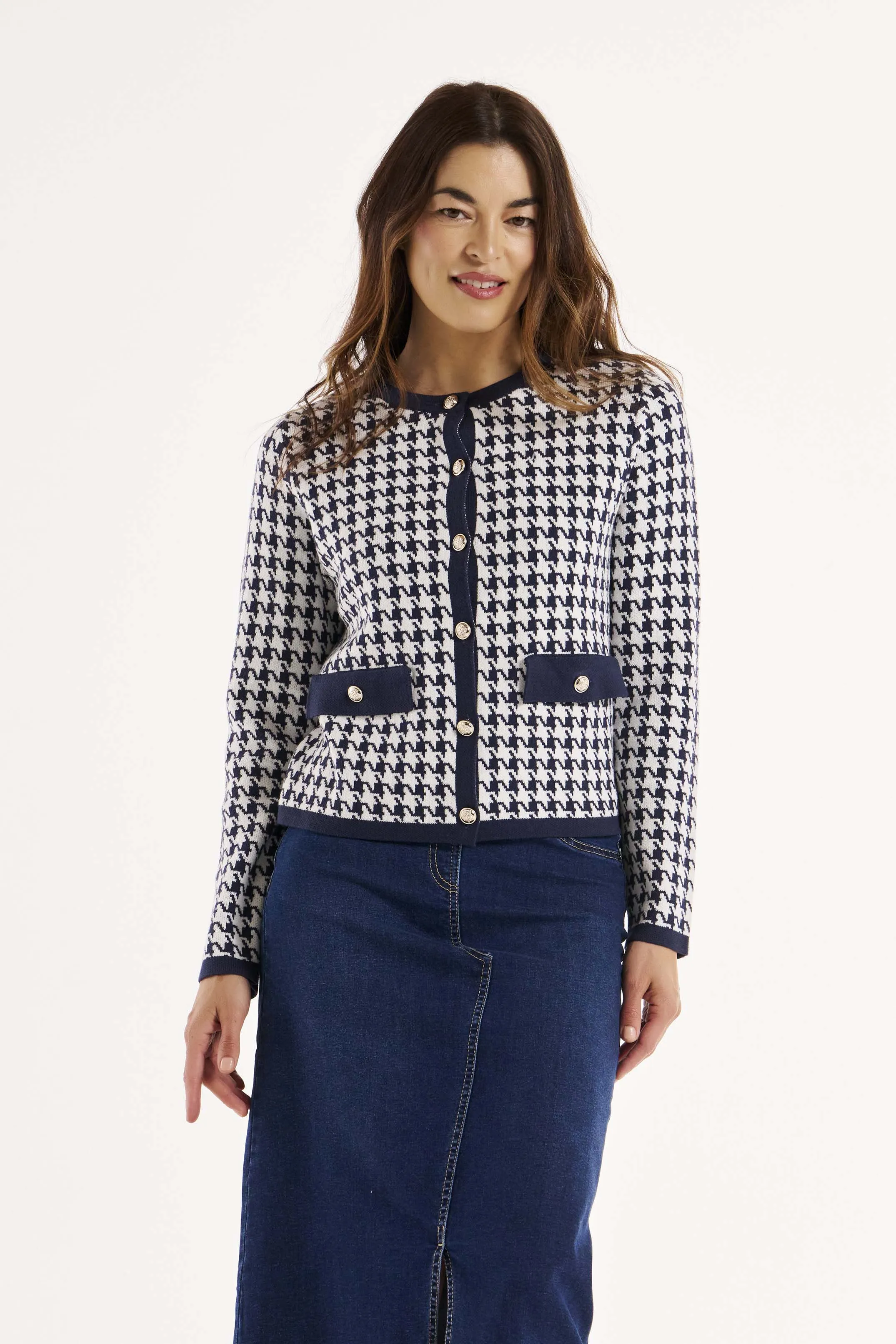 Betty Basics Lady Cardigan in Navy Houndstooth