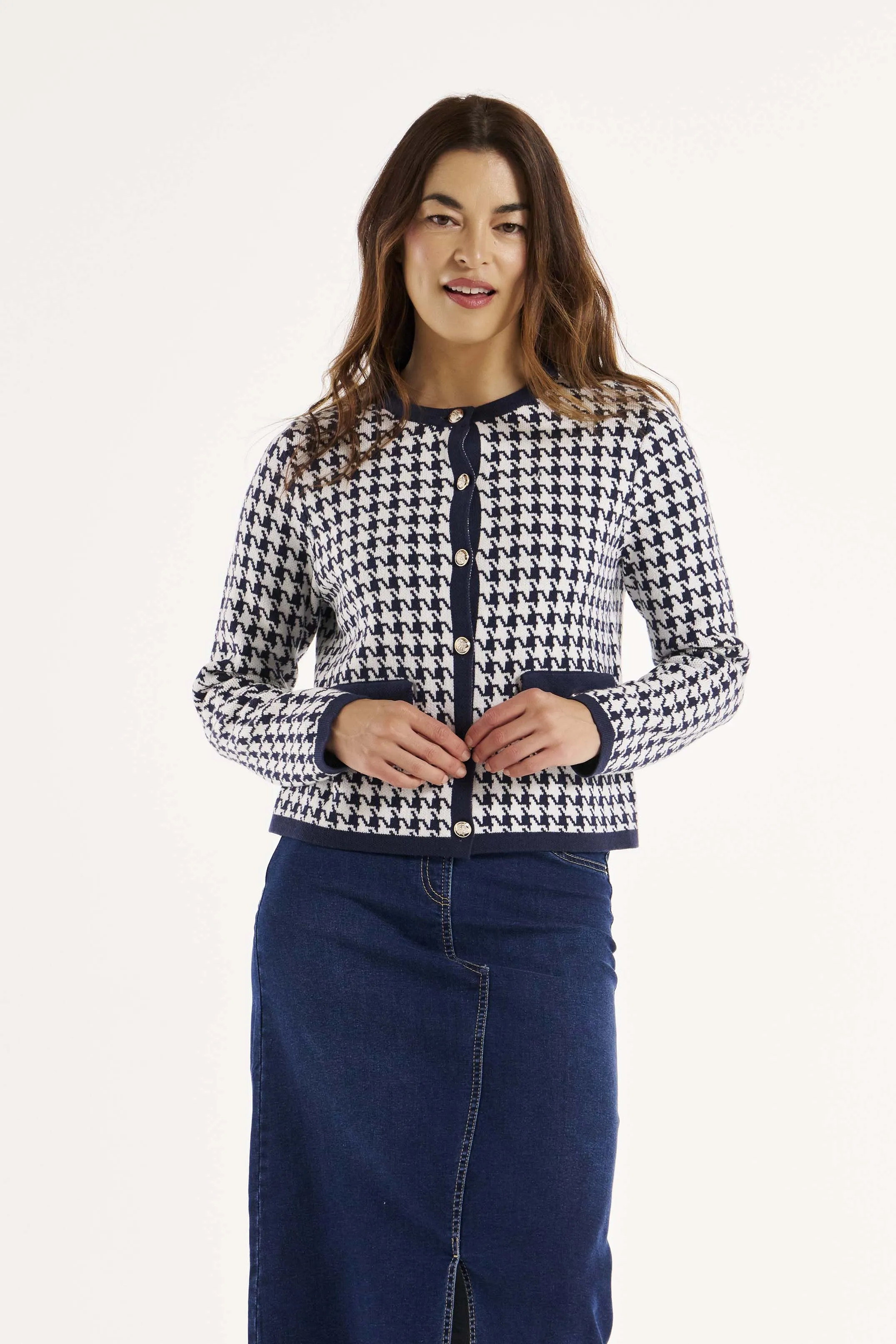 Betty Basics Lady Cardigan in Navy Houndstooth