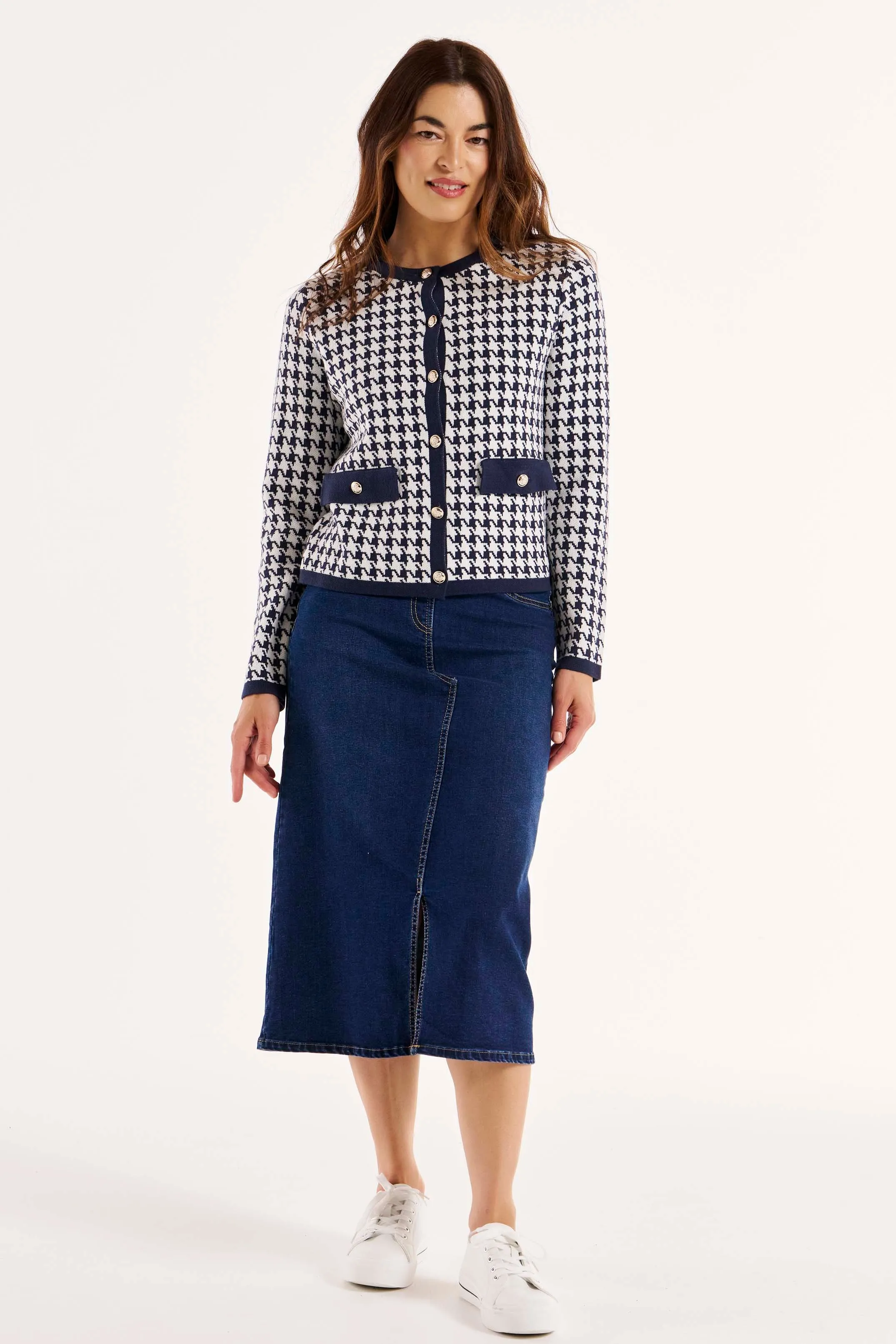 Betty Basics Lady Cardigan in Navy Houndstooth