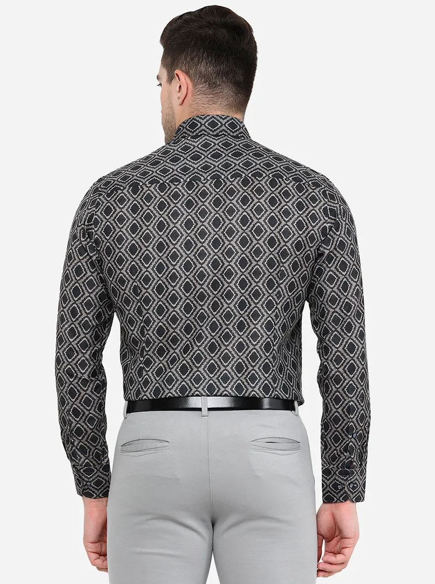 Black & Grey Printed Slim Fit Party Wear Shirt | Greenfibre