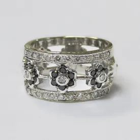 Black and White Diamond Band Flower Design Ring 14K