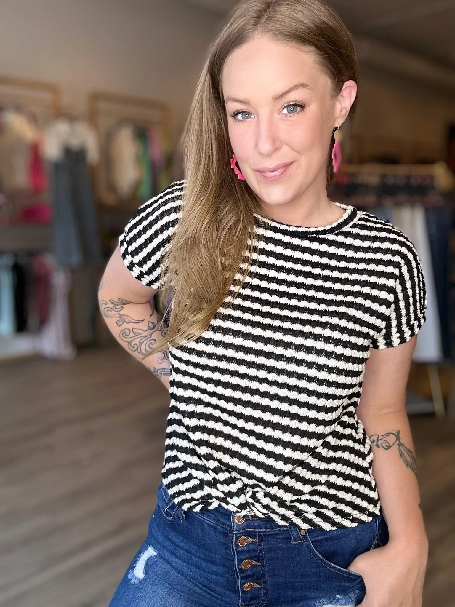 Black Bubble Stripe Twist Top