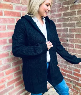 Black Chunky Cable Knit Hooded Plus Size Cardigan 26/28