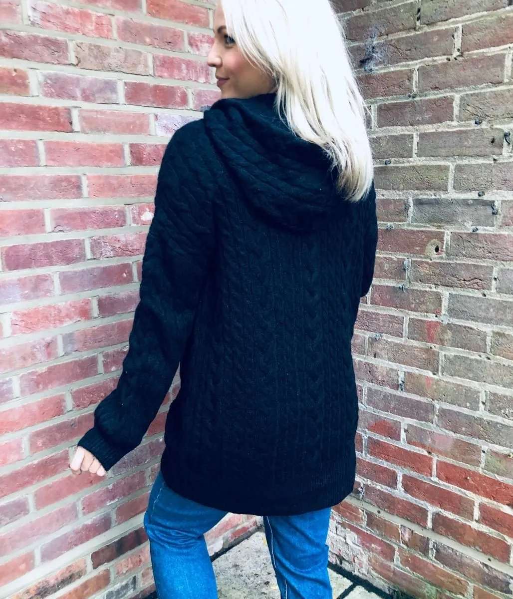 Black Chunky Cable Knit Hooded Plus Size Cardigan 26/28