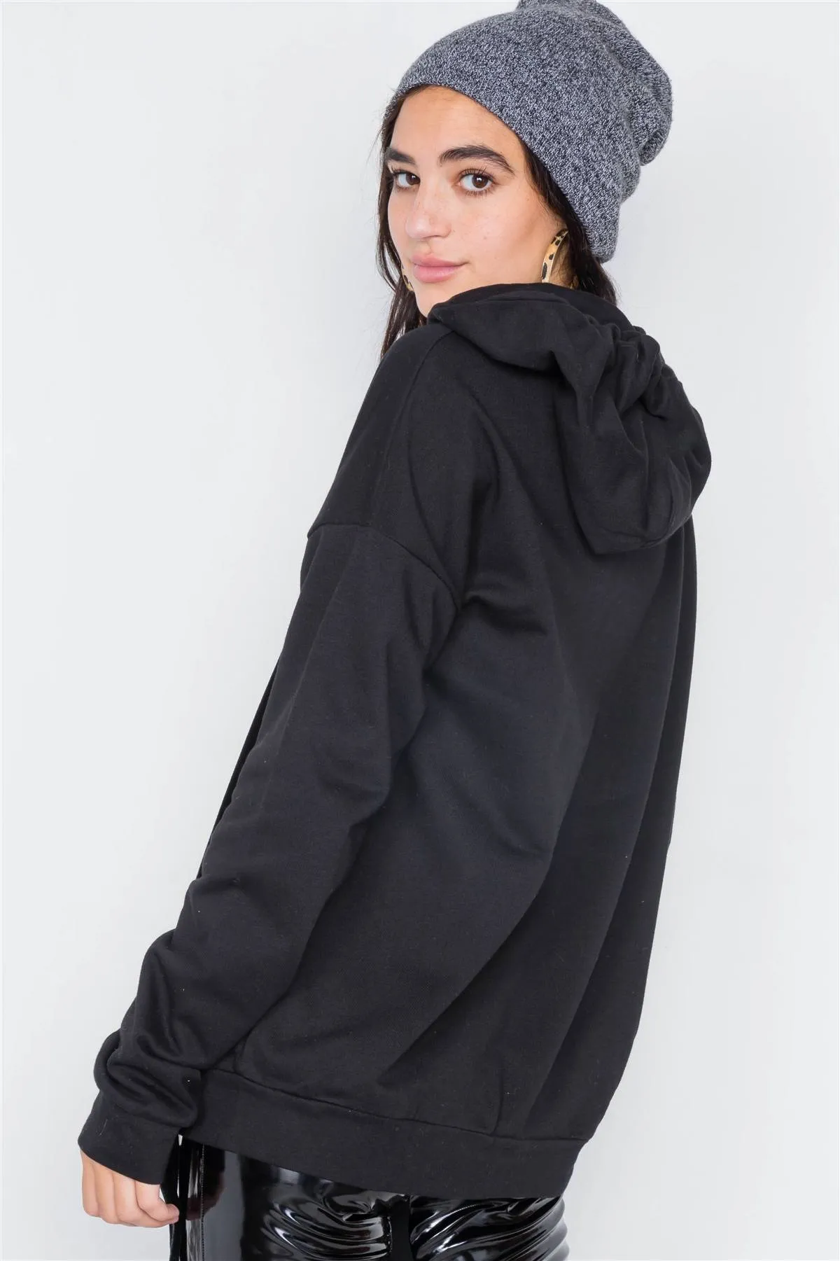 Black Cotton Zip-up Hoodie Sweater