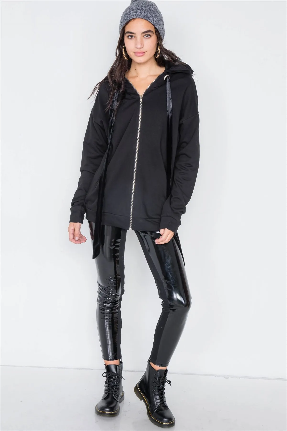 Black Cotton Zip-up Hoodie Sweater