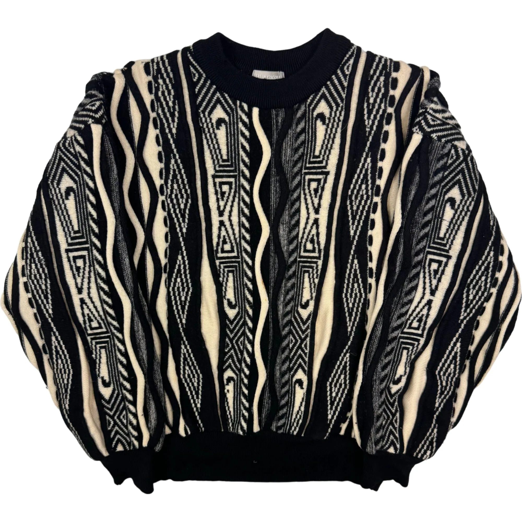 Blackpia Geometric Coogi Style 3D Knit Sweater Black White