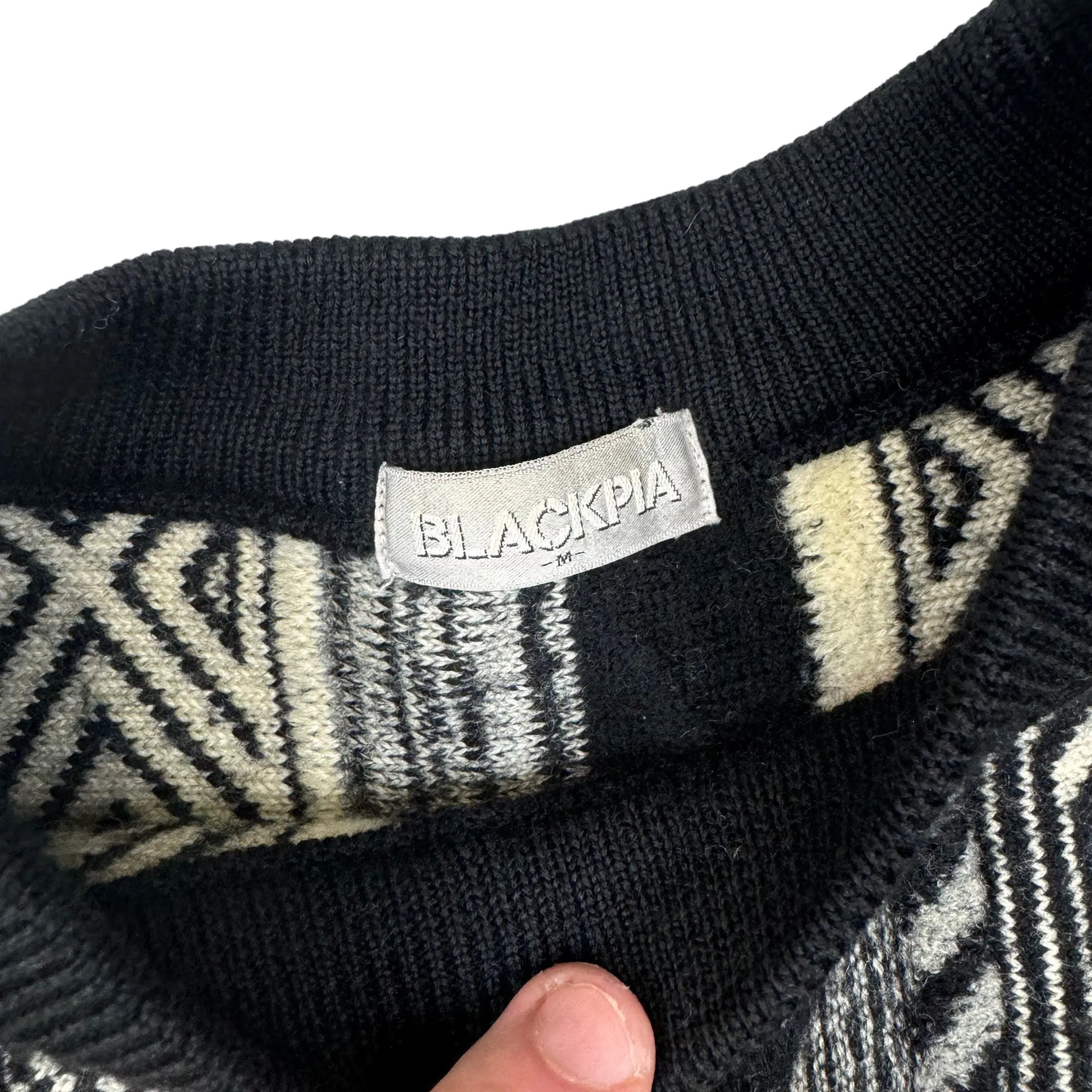 Blackpia Geometric Coogi Style 3D Knit Sweater Black White