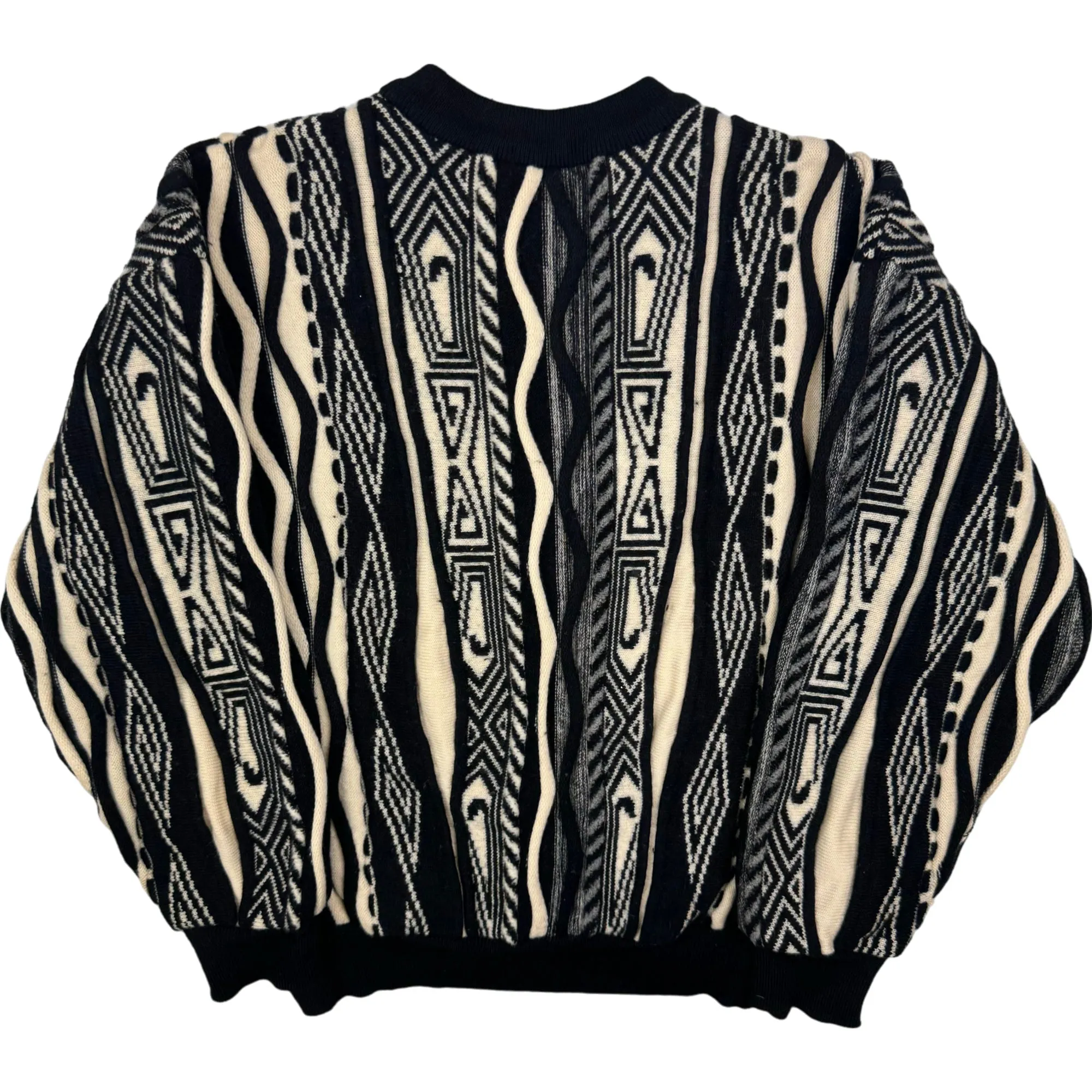 Blackpia Geometric Coogi Style 3D Knit Sweater Black White