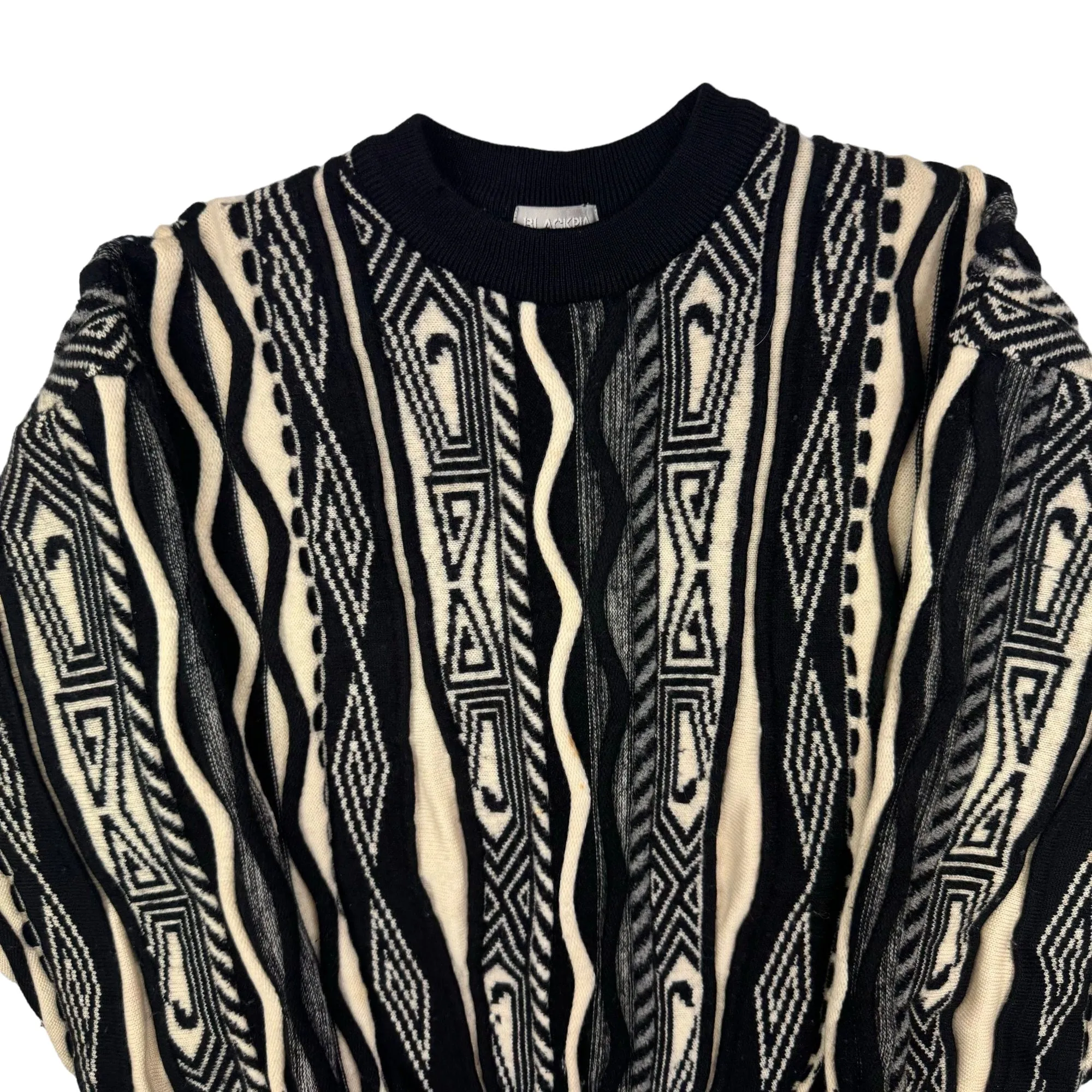 Blackpia Geometric Coogi Style 3D Knit Sweater Black White