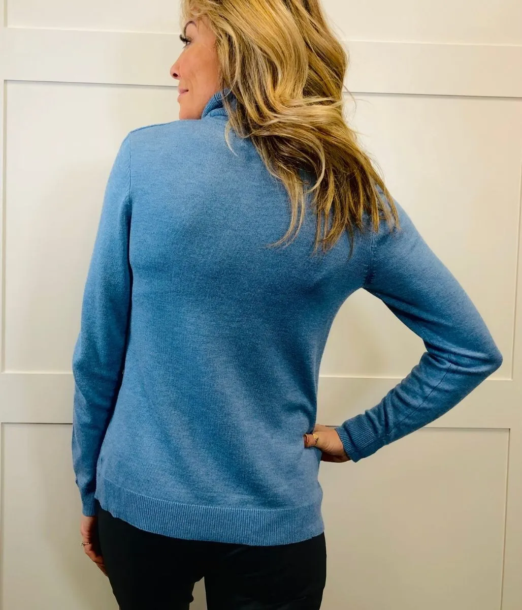 Blue Roll Neck Fine Knit Jumper