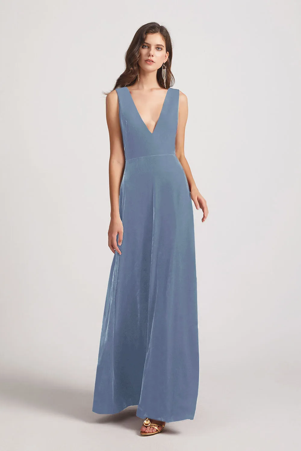 Bold Velvet Bridesmaid Dress With Daring Deep V Neck (AF0133)