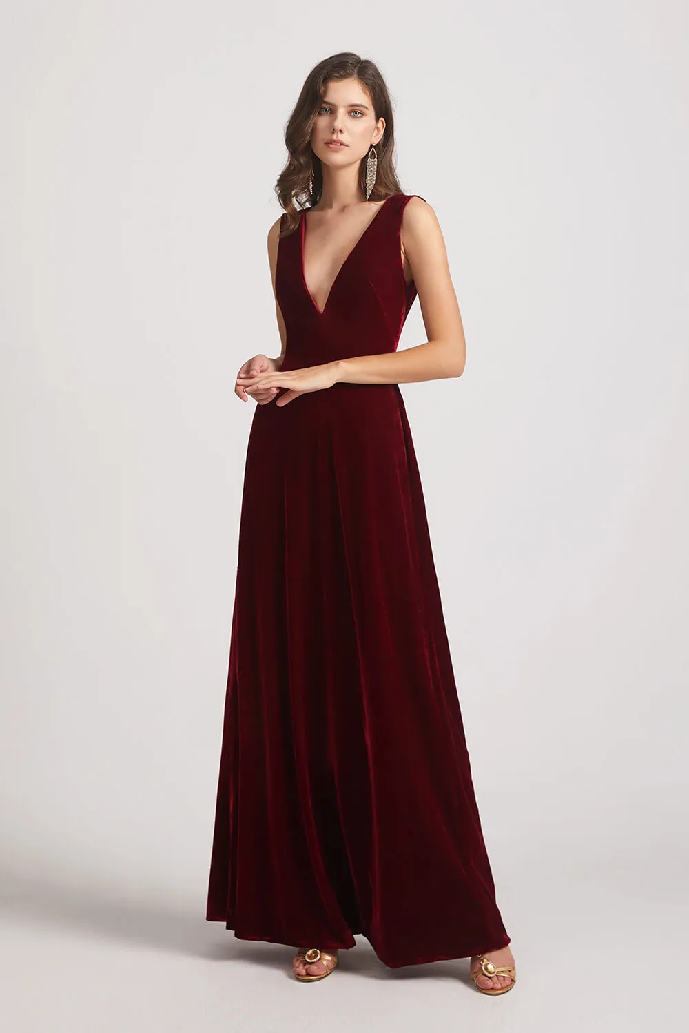 Bold Velvet Bridesmaid Dress With Daring Deep V Neck (AF0133)