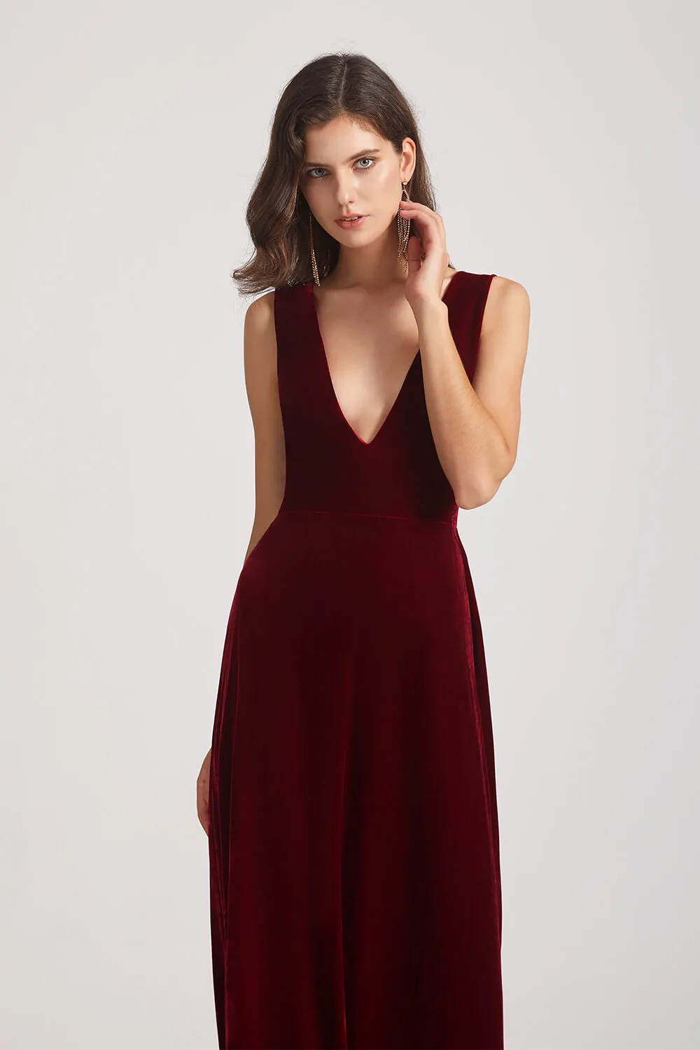 Bold Velvet Bridesmaid Dress With Daring Deep V Neck (AF0133)