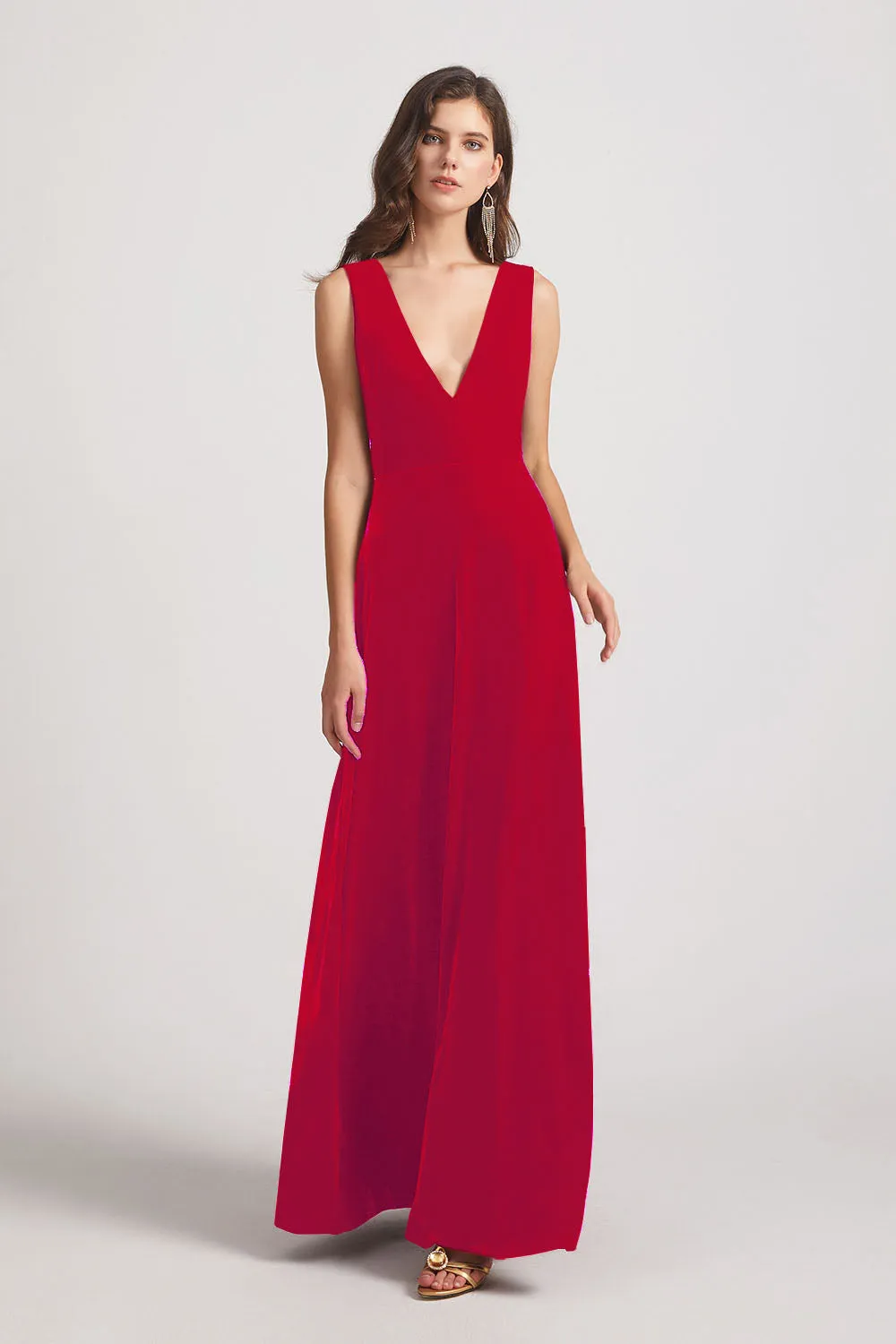 Bold Velvet Bridesmaid Dress With Daring Deep V Neck (AF0133)