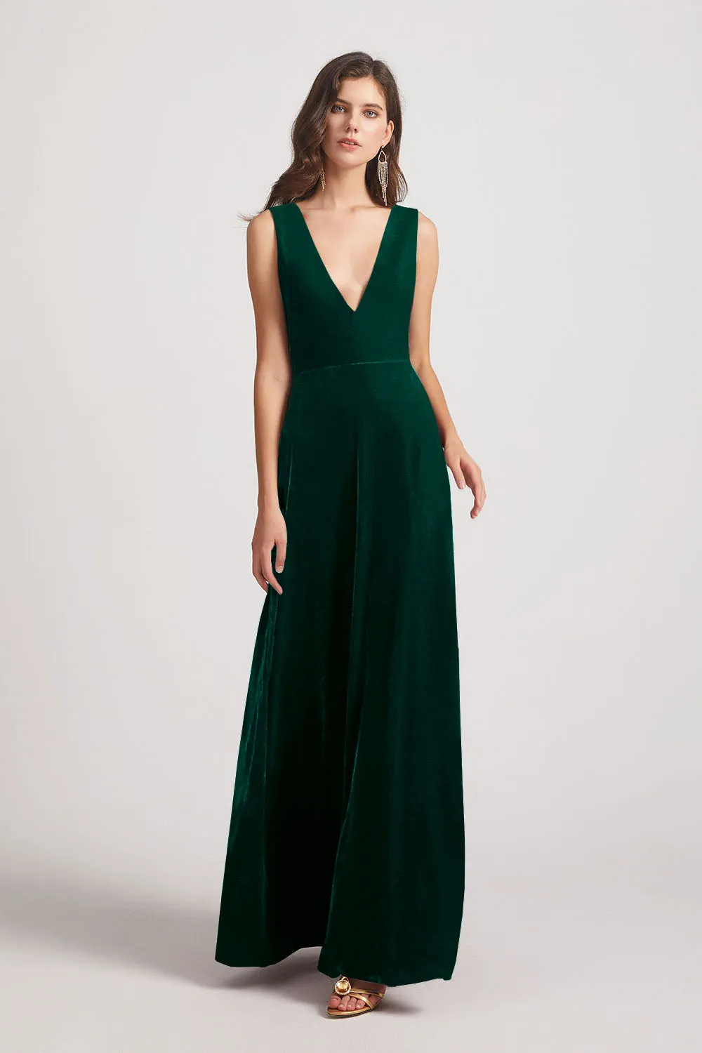 Bold Velvet Bridesmaid Dress With Daring Deep V Neck (AF0133)