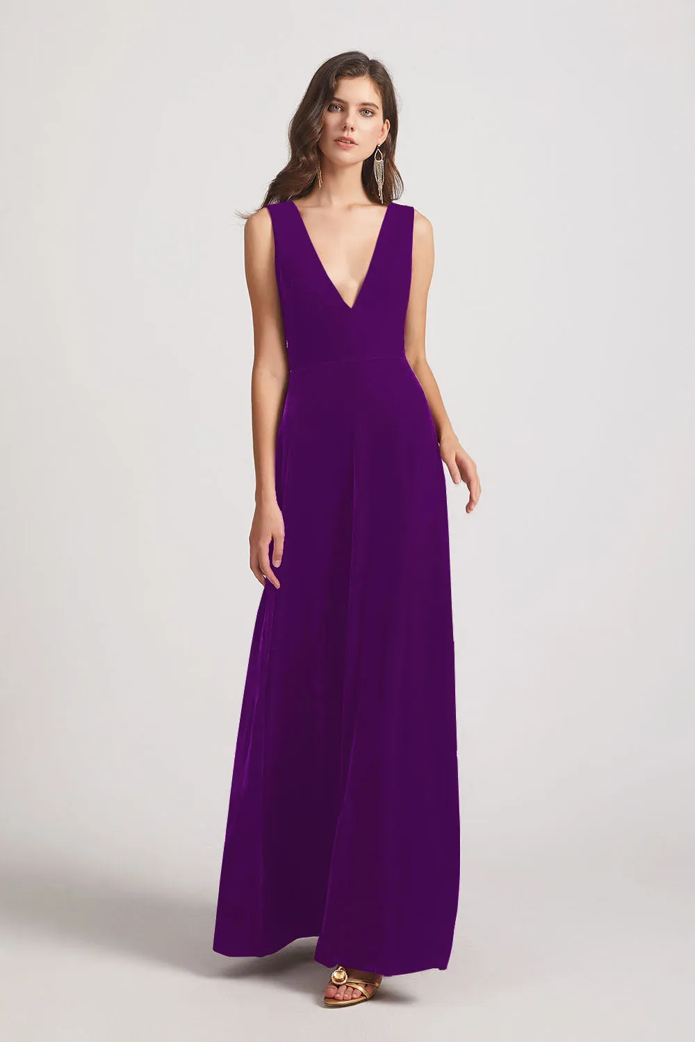 Bold Velvet Bridesmaid Dress With Daring Deep V Neck (AF0133)