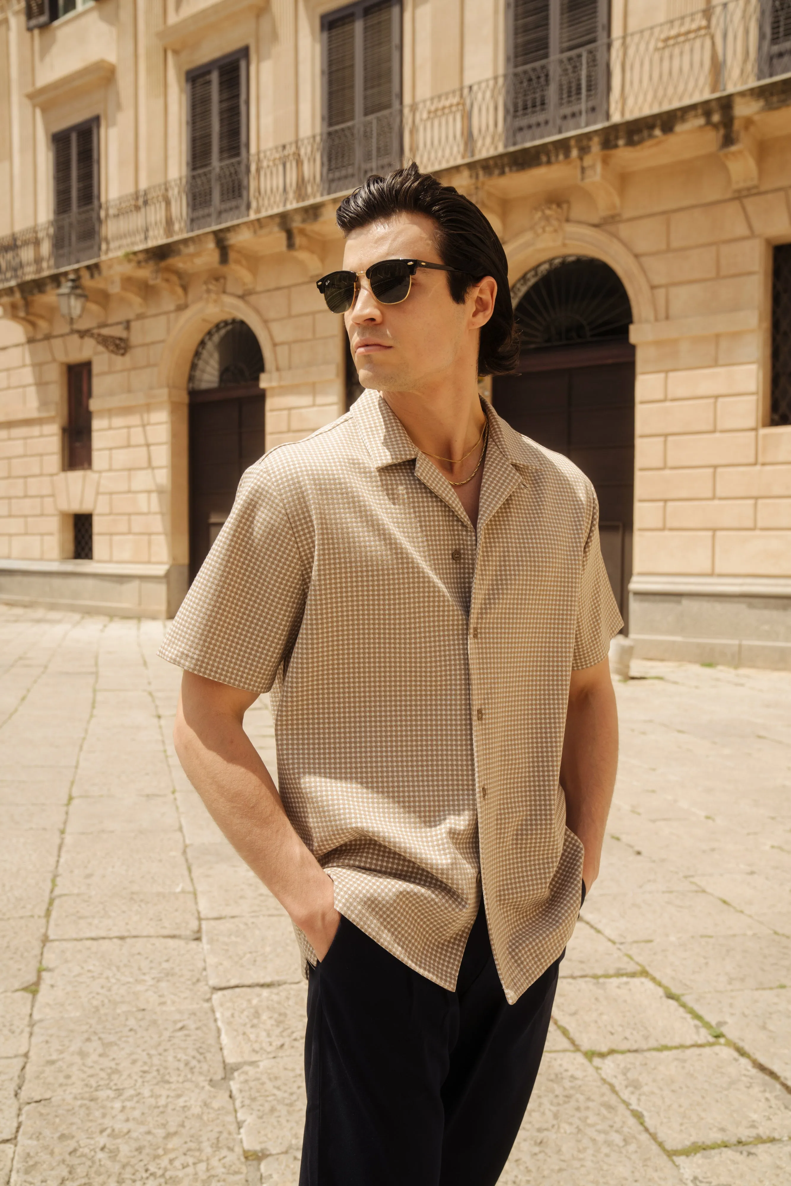 bound Beige Dogtooth Jacquard Cuban Shirt