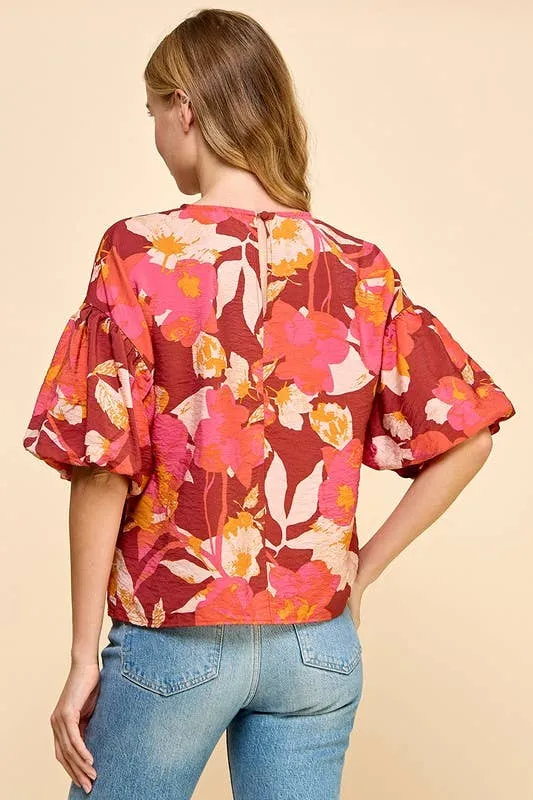 Burgundy Coral Floral Printed Short Balloon Sleeves Top