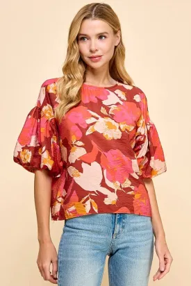 Burgundy Coral Floral Printed Short Balloon Sleeves Top