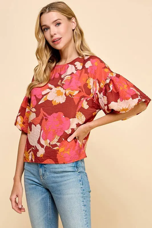 Burgundy Coral Floral Printed Short Balloon Sleeves Top